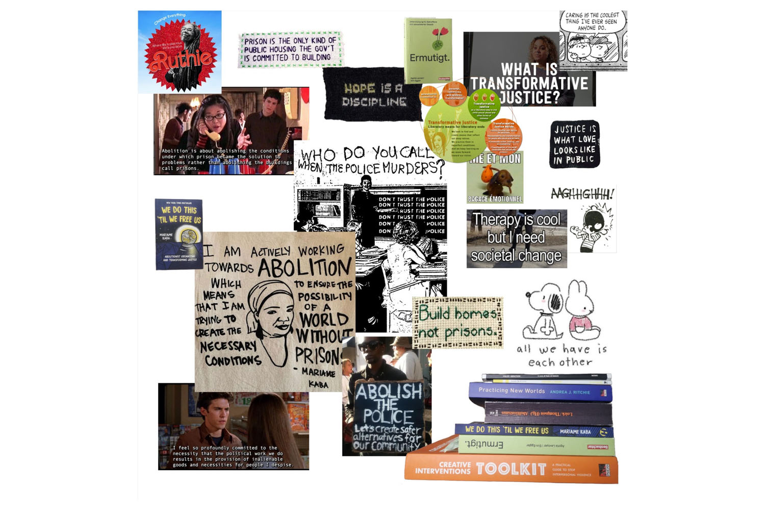 Digitale Collage mit überlappenden Bildern von Büchern, Memes, Zitaten und Grafiken zum Thema Abolitionismus und Transformativer Gerechtigkeit auf weissem Hintergrund. 
